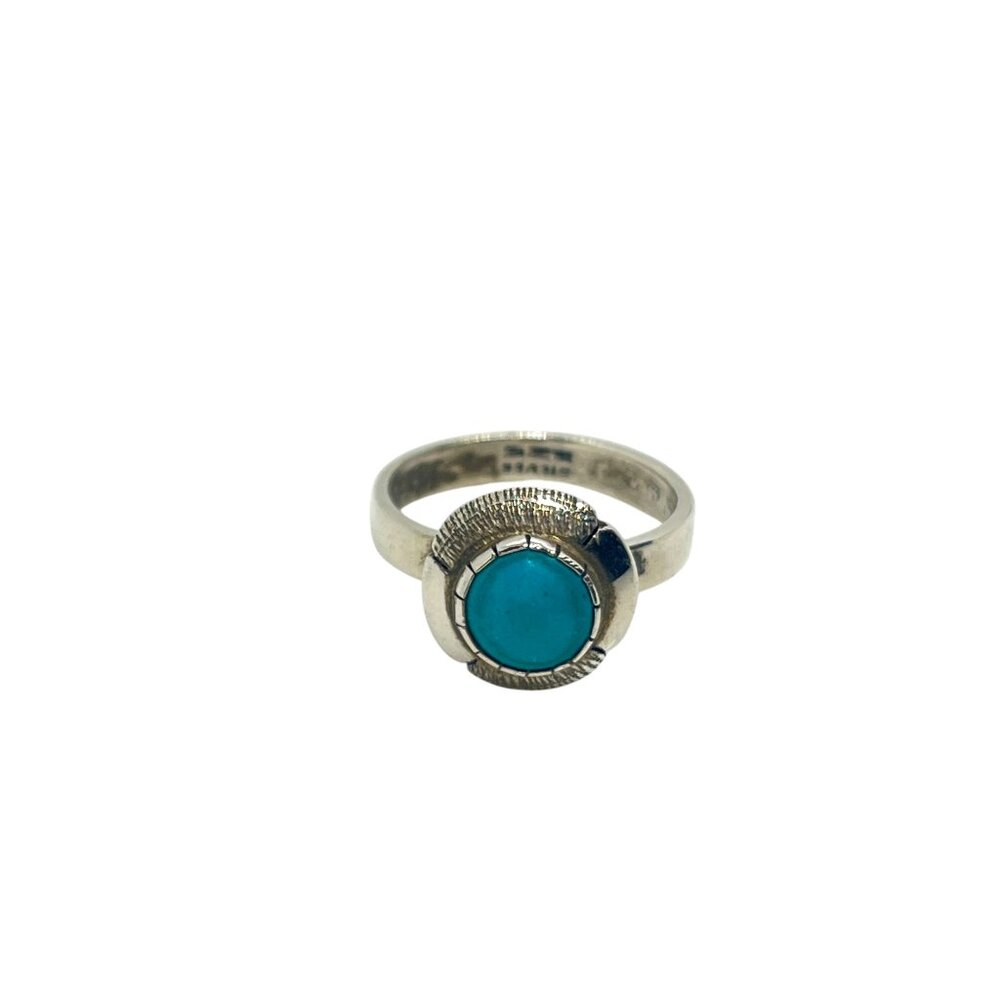 VINTAGE 925 STERLING TURQUOISE STONE RING ROUND DOMED SOUTHWESTERN NATIVE 6.5